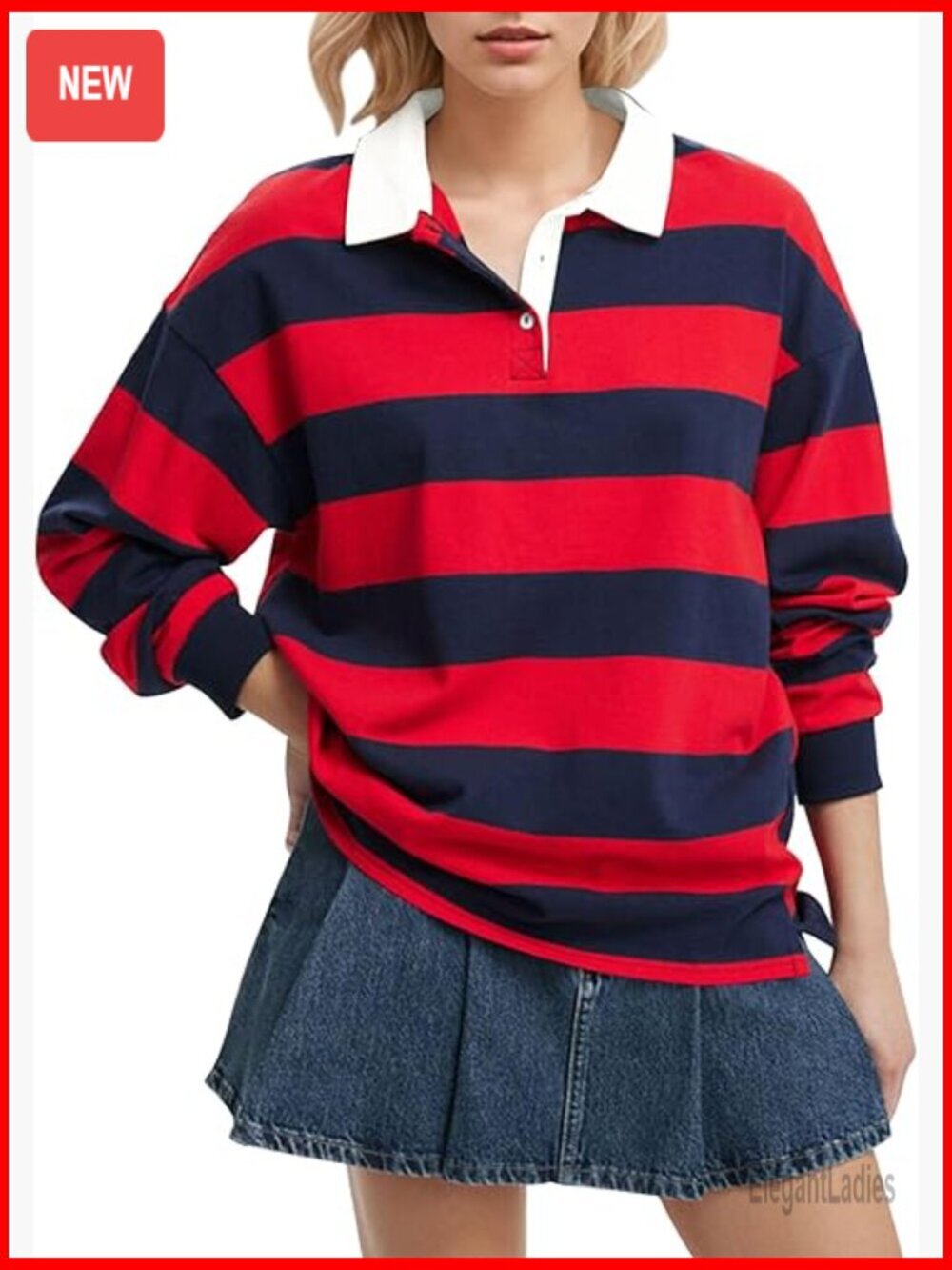 Long Sleeve Polo Shirt Oversized Collar Striped Pullover Casual Loose Fit